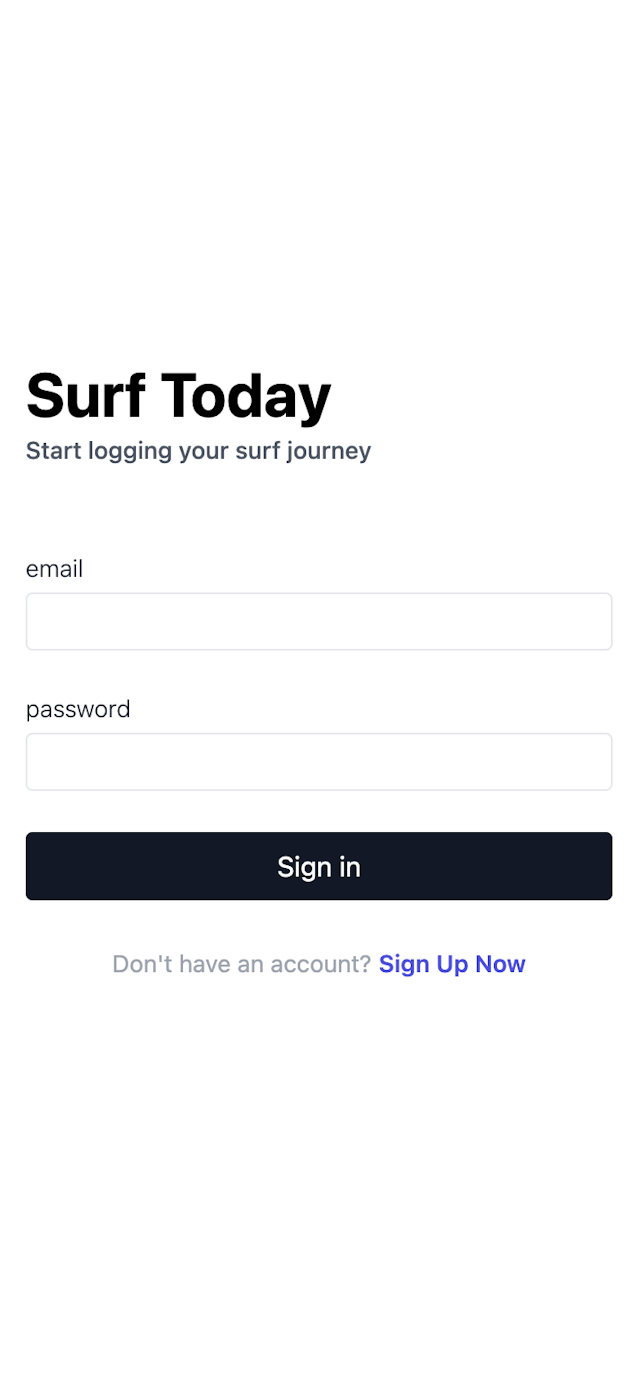 Surf Today website screenshot, presenting the mobile login page